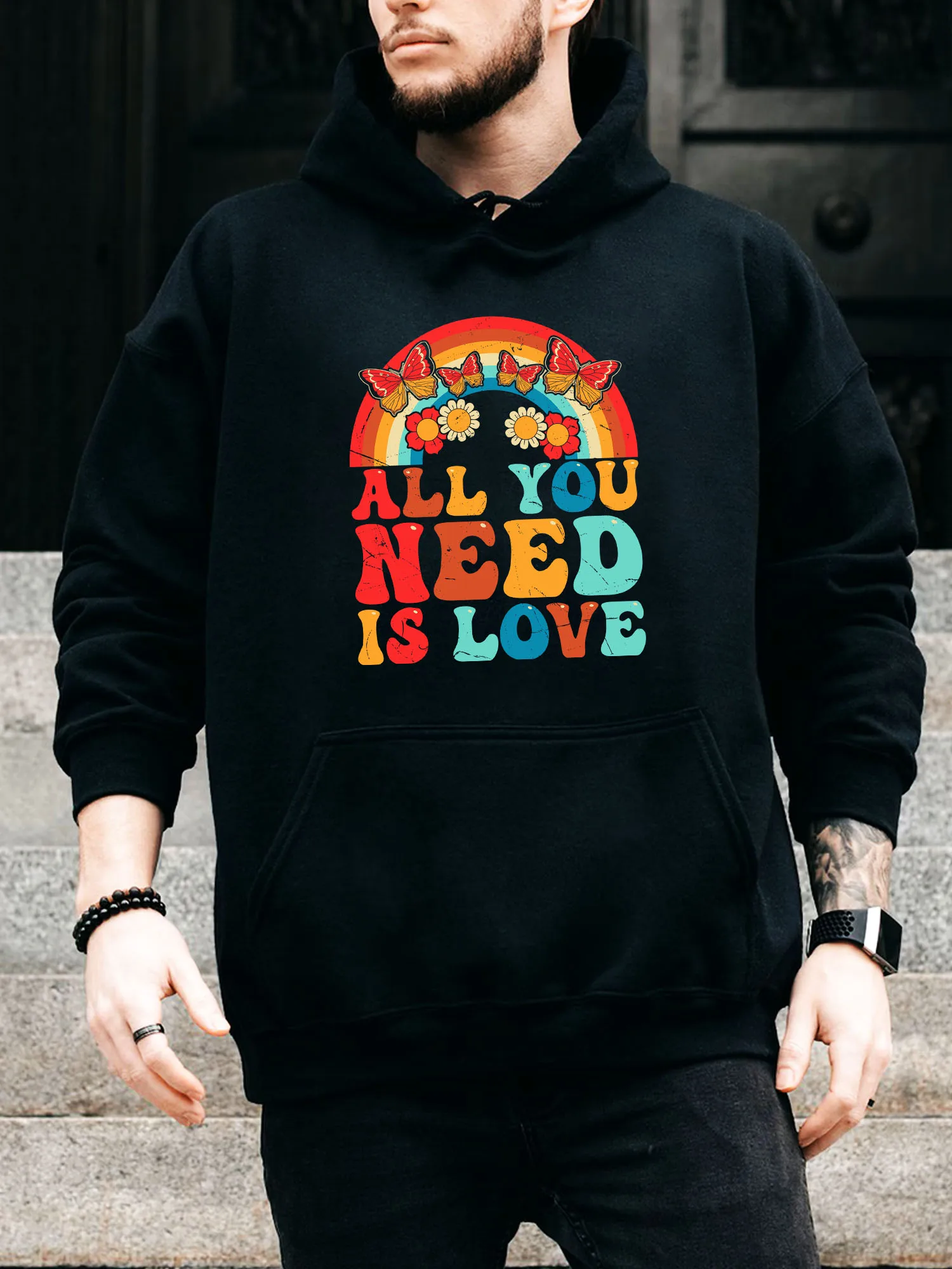 

Мужская толстовка с капюшоном на шнурке All You Need Is Love — повседневный удобный черный пуловер, осенне-зимняя толстовка с капюшоном