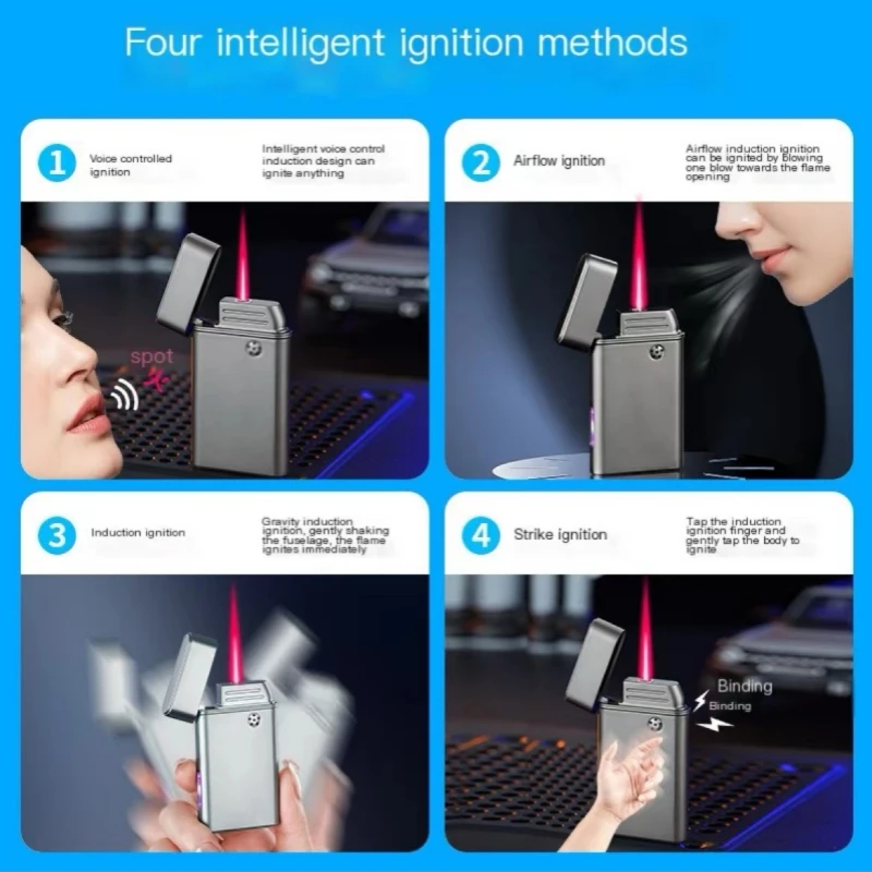2024 Metal Intelligent Induction Ignition Windproof Jet Red Flame Gas Lighter LED Visible Gas Window USB Electric Lighters Gifts