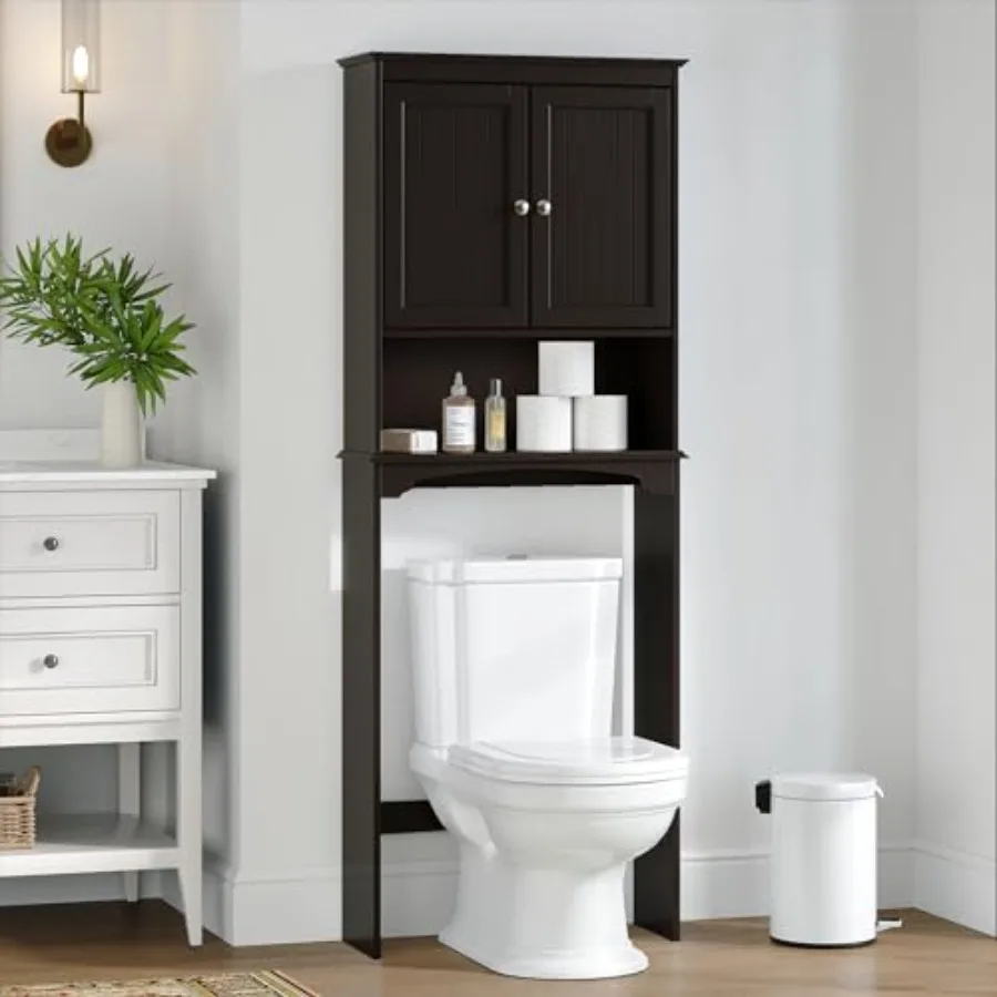 

Bathroom over-the-toilet cabinet with doors and adjustable shelves for storage espresso-colored engineered wood