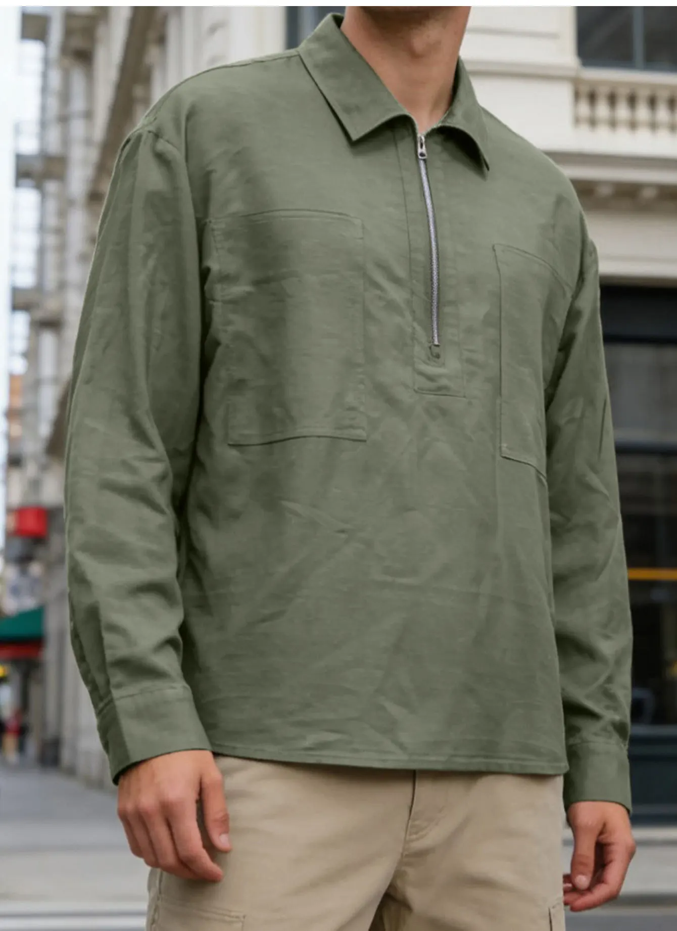 Men's Textured Solid Quarter‑Zip Pullover Shirt Casual Streetwear Loose Fit Long Sleeve Turn‑Down Collar Techwear Cargo Shirts