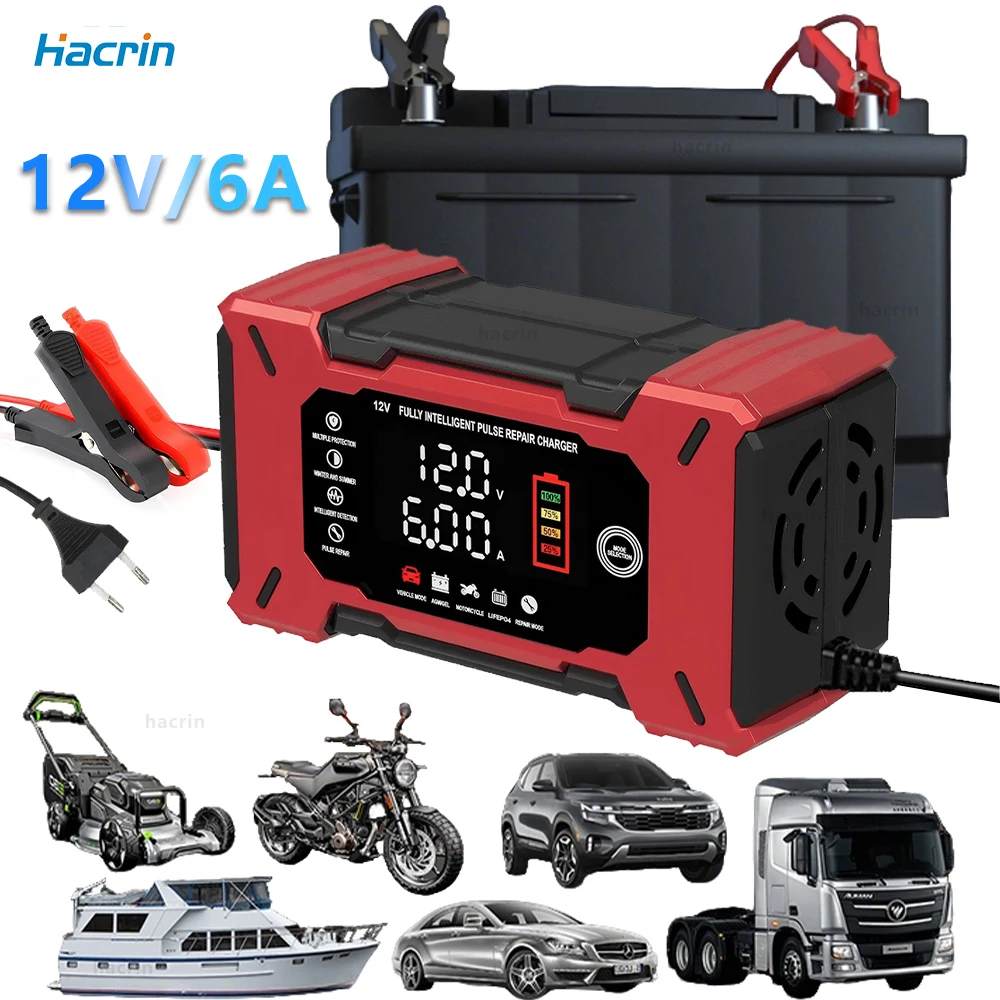 12V Car Battery Charger Pulse Repair Smart Car and Motorcycle Battery Charger Temperature Compensation Smart Battery Charger