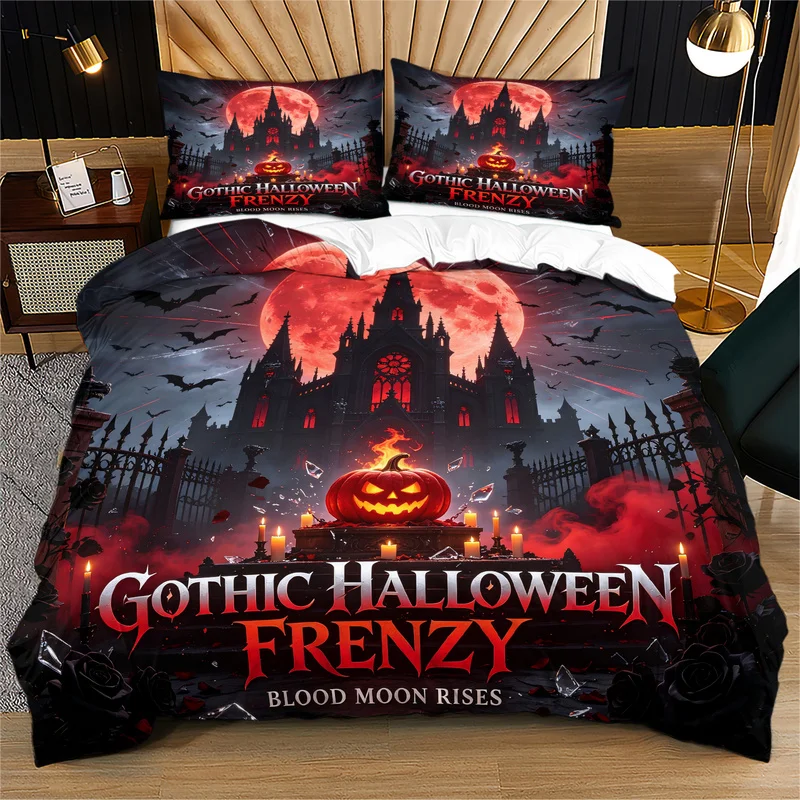 2/3Pcs Halloween Microfiber Duvet Cover Set,Ultra-Soft,Breathable,Multi-Sizes,Skin-Friendly,Gothic Spooky Castle Pumpkin Pattern