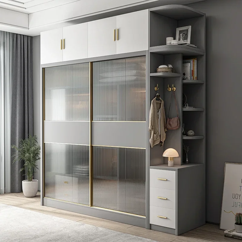 Nordic Glass Doors Wardrobes Wood Orgnizer Modular Wooden Clothes Wardrobes Bedroom Organizer Storage Waredrobe Closet Furniture