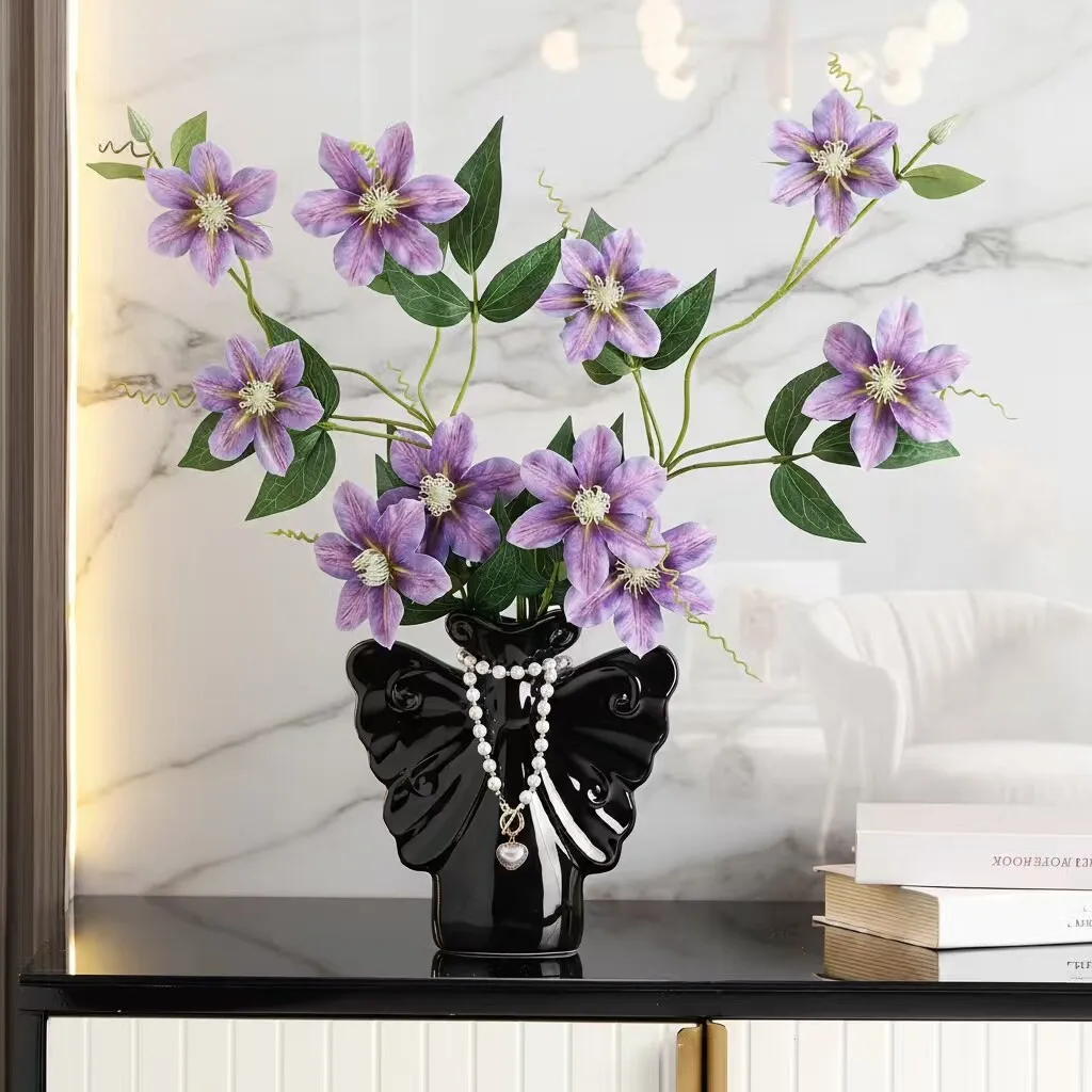 Black Butterfly Ceramic Vase with Necklace for Home Dining Table and Living Room Decoration Ceramic Flower Arranging Device