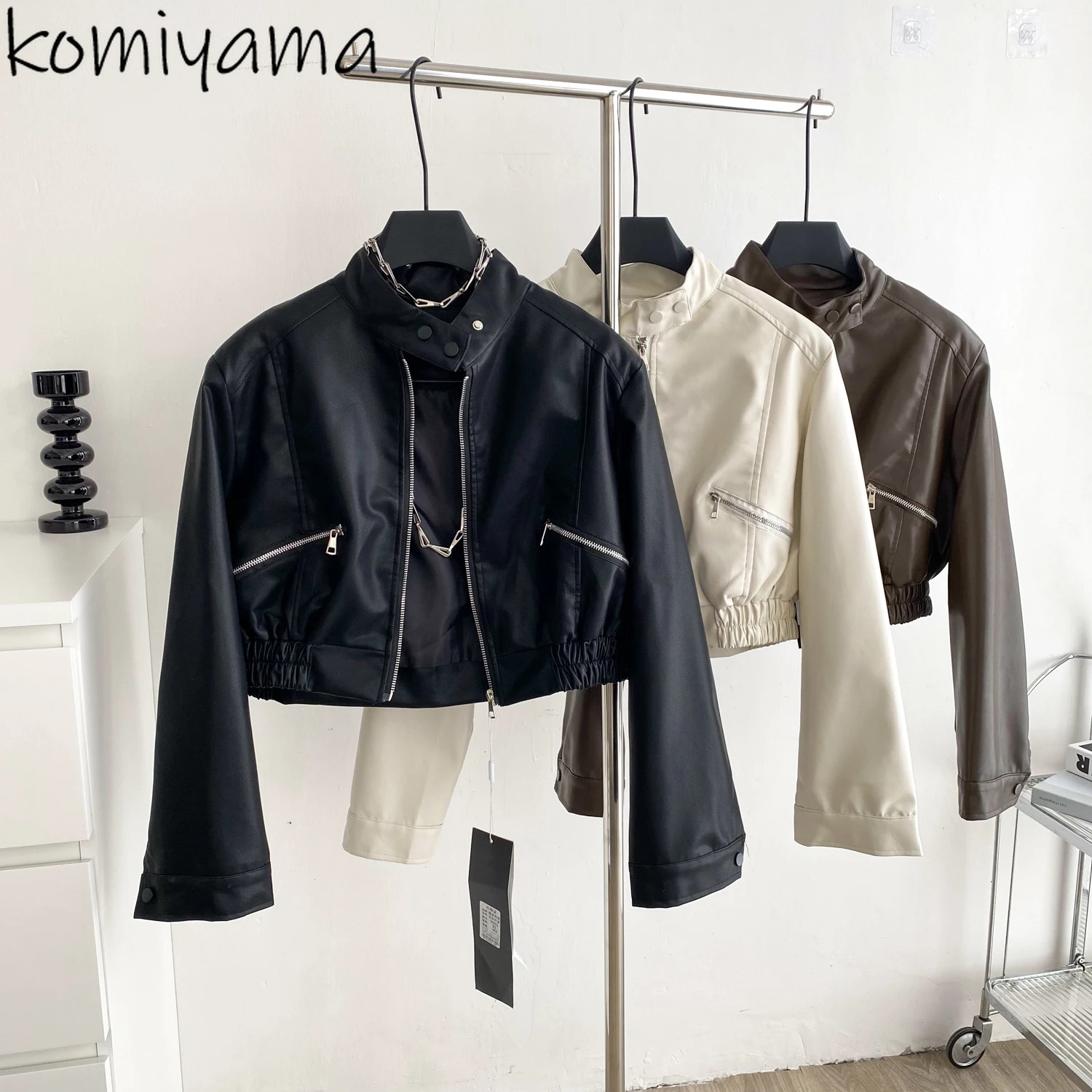 

Карманы на молнии 2025 Casaco с воротником-стойкой из искусственной кожи Chaquetas De Mujer Куртка в корейском стиле Jaqueta Feminina Женские куртки