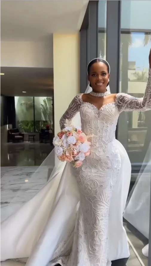 Luxury Beaded Mermaid African Wedding Dress with Detachable Overskirt,Customized Long Sleeve Bridal Gown amanda novias official
