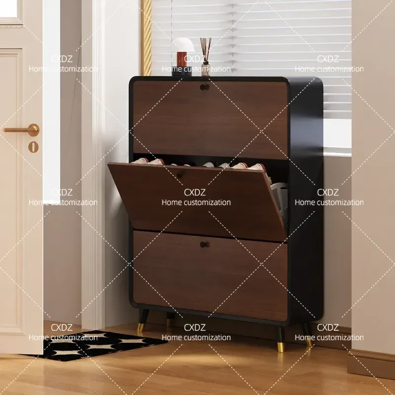 Ultra Thin Solid Wood Shoe Cabinet Narrow Tipping Bucket Storage for Small Apartment Entryway Indoor Household Furniture