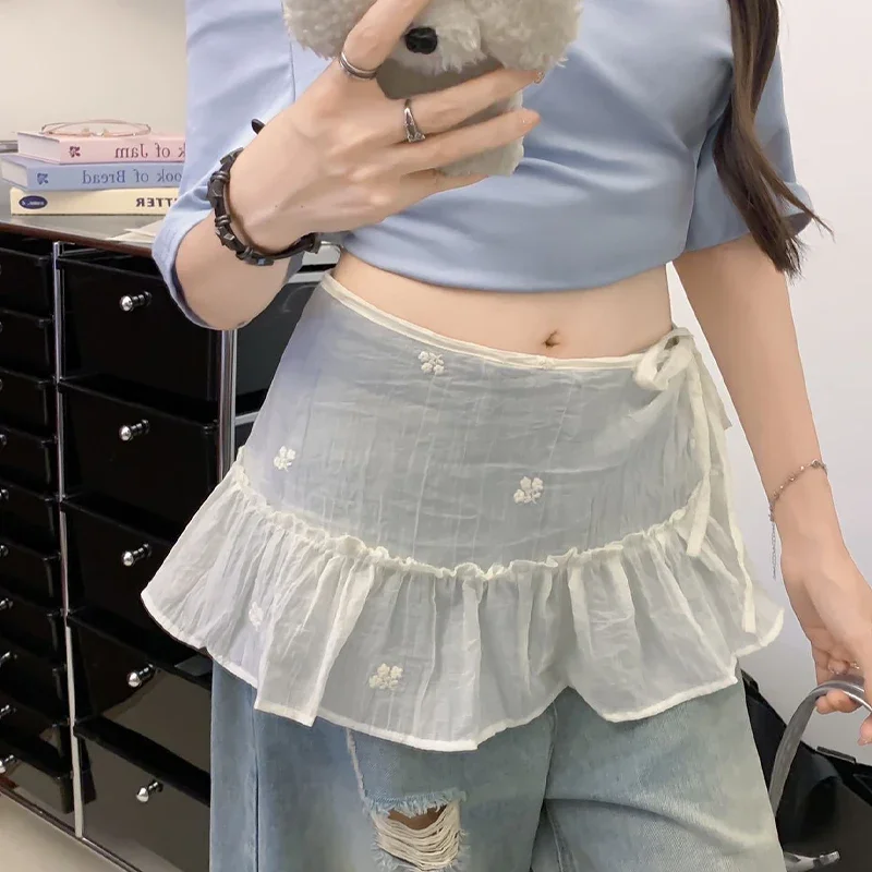 Polka Dot Lace White Lace Half Skirt Women's Design Layered Short Skirt Korean Elegant High Waist A-Line Skirt Apron