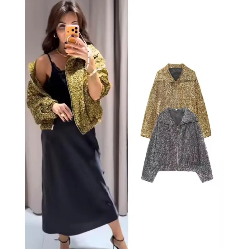 

HipSeam Women Metallic Thread Jacket Casual High Neck Long Sleeve Women's Warm Coat Female Zipper Chic Jacket Tops