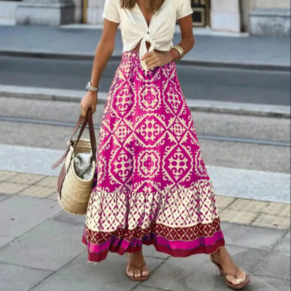 

Chic Women Maxi Skirt Breathable Comfortable Elastic Waist Lady Skirt Colorful Print Lady Skirt Female Clothes