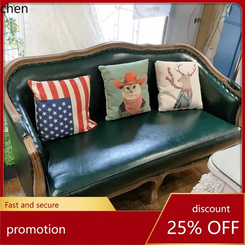 HT Country Solid Wood Sofa Fabric Single Double Three Person Retro Living Room Combination Sofa Chair