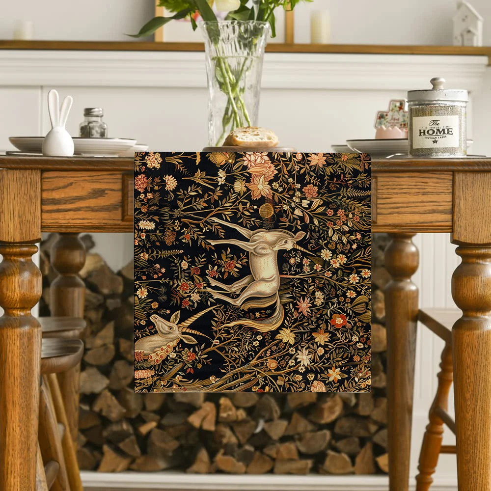 Flower Unicorn Midnight Table Runner Polyester Table Runners for Dining Room Cottagecore Polyester Table