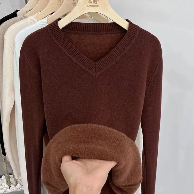 2026 Autumn Winter V Neck Sweater Women Thicke Slim Soft Knitted Tops Plus Velvet Long Sleeve Pullover Casual Warm Female Jumper