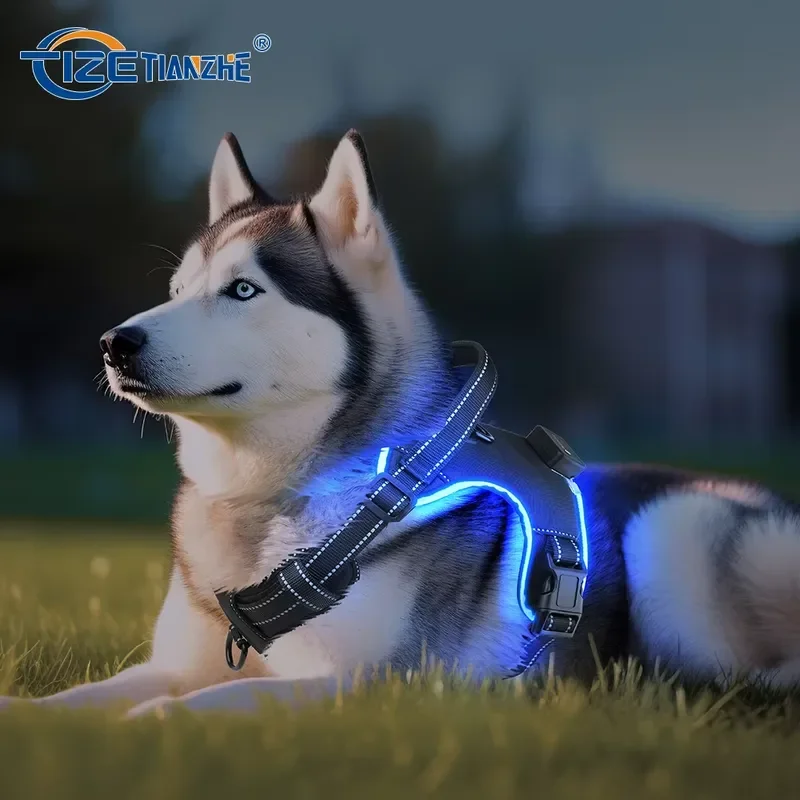 for TIZE Light LED Dog Harness No Pull Reflective Breathable Heavy Duty Large Training Tactical Service Custom Pet Dog