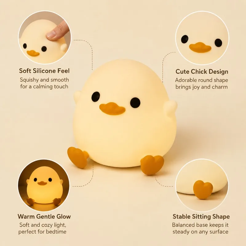 Cute Duck Night Light USB Rechargeable Silicone LED Tap Timer Baby Nursing Lamp for Kids Bedroom Nursery Gift Duck Night Light