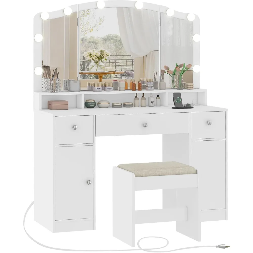 Vanity Desk with Triple Folding Mirror, Makeup Vanity with Power Outlet, Vanity Desk with 10 Lights, 3 Drawers & 2 Cabinets