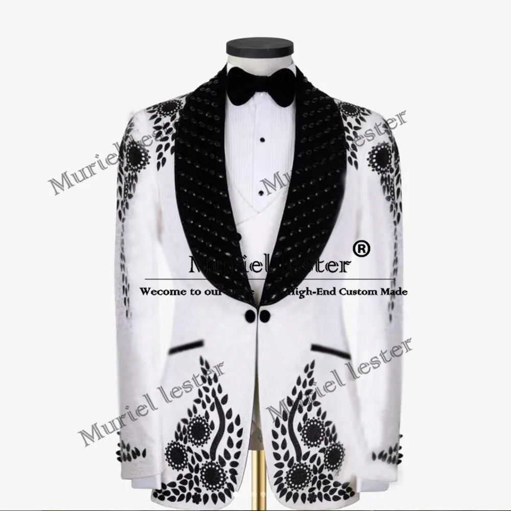 

Black Rhinestones Beaded Men's Suits Shawl Lapel Prom Blazer Customized 3-Piece Formal Party Dress Single Breasted Groom Tuxedo