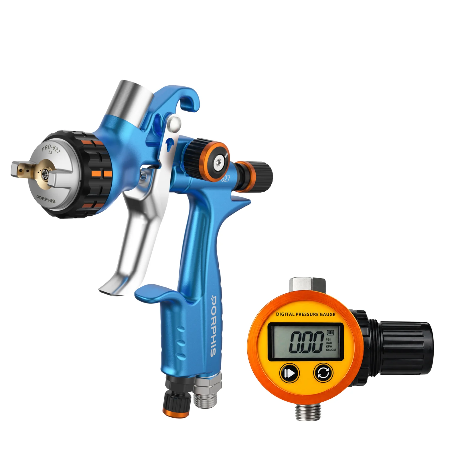 PORPHIS PRD-627 VS Spray Gun with Digital Air Regulator Gauge Automotive Paint Gun for Clear Coat Refinish Car Repair