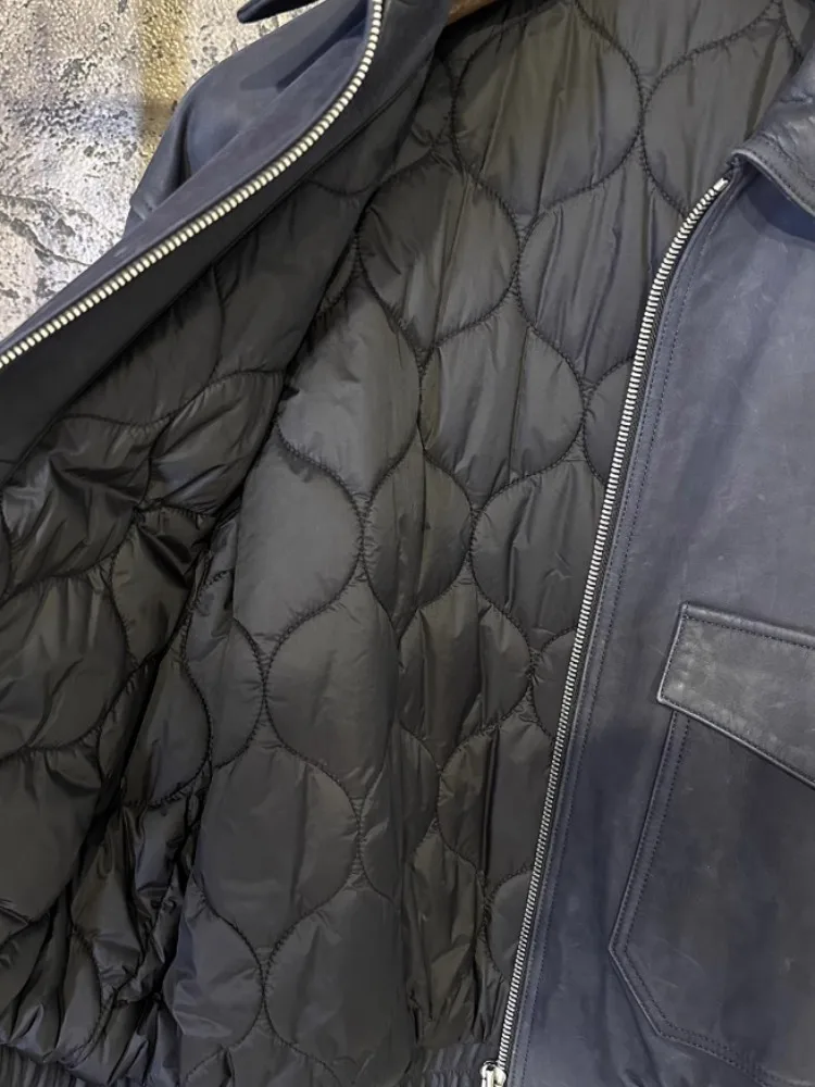 Veste en cuir véritable pour hommes, Streetwear, automne hiver, col rabattu, doublure rembourrée, haute qualité, décontractée, ample, manteau court en peau de chèvre