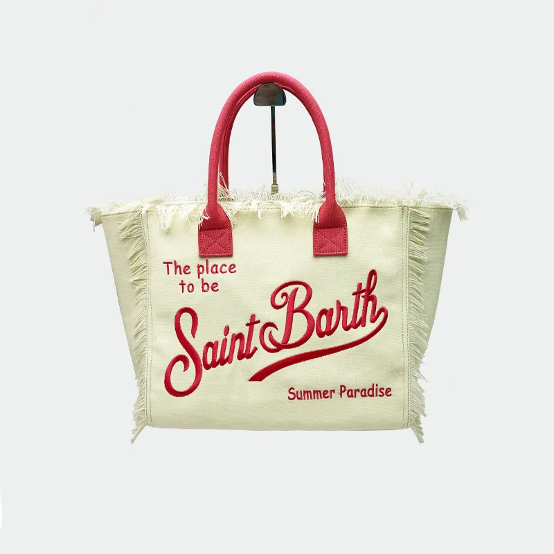 SAINT BARTH New women's large capacity leisure travel canvas embroidered handmade tassel handbag tote bag