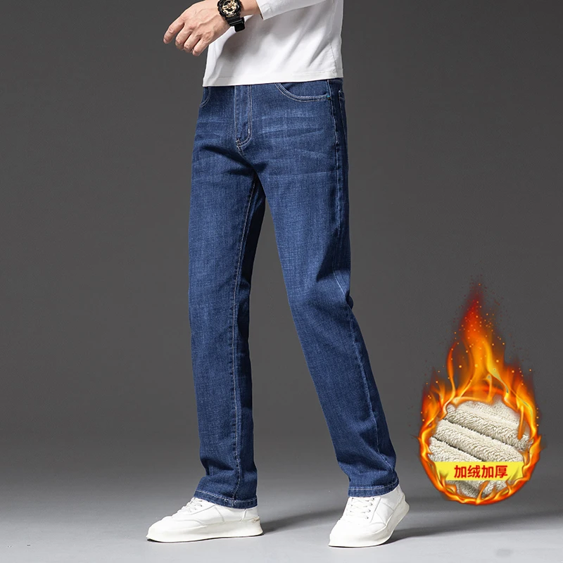 40 42 44 46 Plus Size Winter Fleece Jeans Classic Business Casual Straight Loose Men\'s Thick Warm Denim Pants Office Trousers