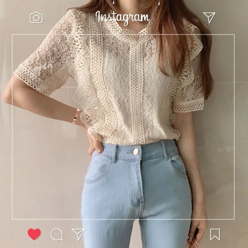 Lace Shirts and Blouses for Summer Short Sleeve Top Women Korean Fashion Woman Blouse 2024 Hollow Out O-neck Clothes 2024 New