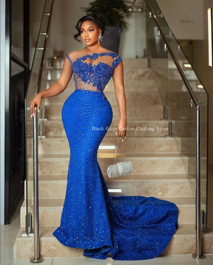 Luxury Treasure Blue Mermaid Prom Dress 2024 Sparkling Beaded Inlay Sequin Applique Black Girls Celebrity Dress abiye