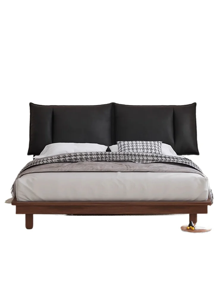 

Medieval leather bed down bag French retro black master bedroom double storage high box solid wood bed