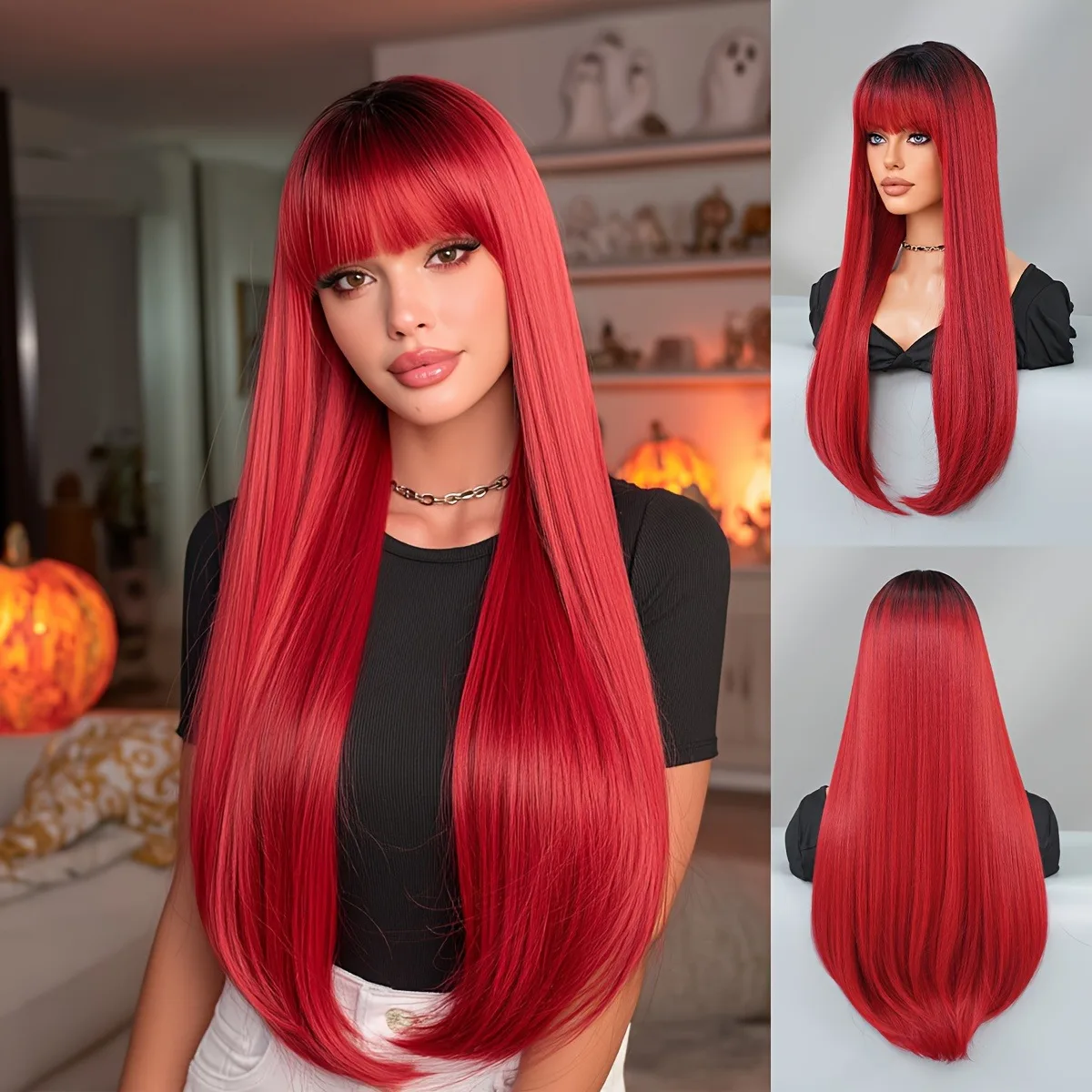 

Women'S Long Straight Layered Red Wig - Heat-Resistant Synthetic Hair with Dark Roots, Glueless No Glue Needed, Natural Look for