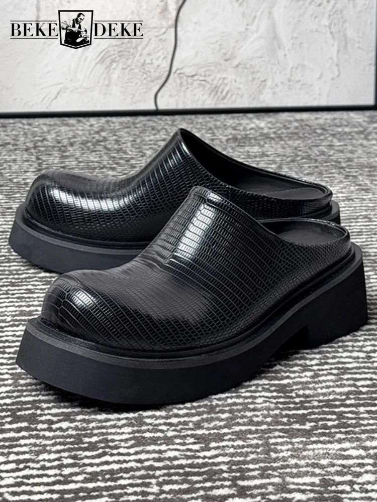 Mens Sandals Derby Cowhide Mules Thick Fashion Shoes British Exquisite Solid Round Toe Platform Comfortable Top Quality Footwear