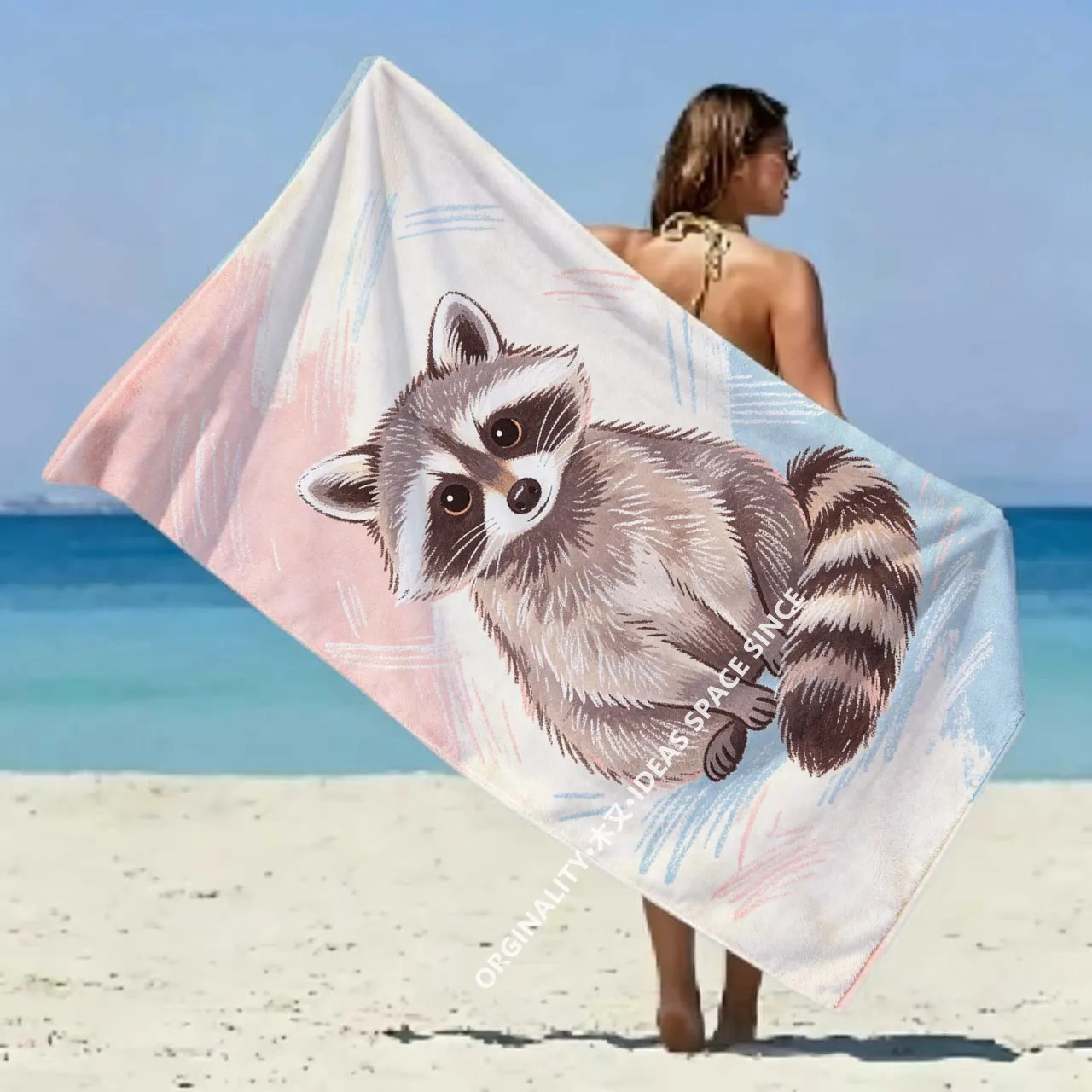 Cute Raccoon Print Beach Towel Patterned Sunscreen And Windproof Suitable For Swimming Pool Camping Travel