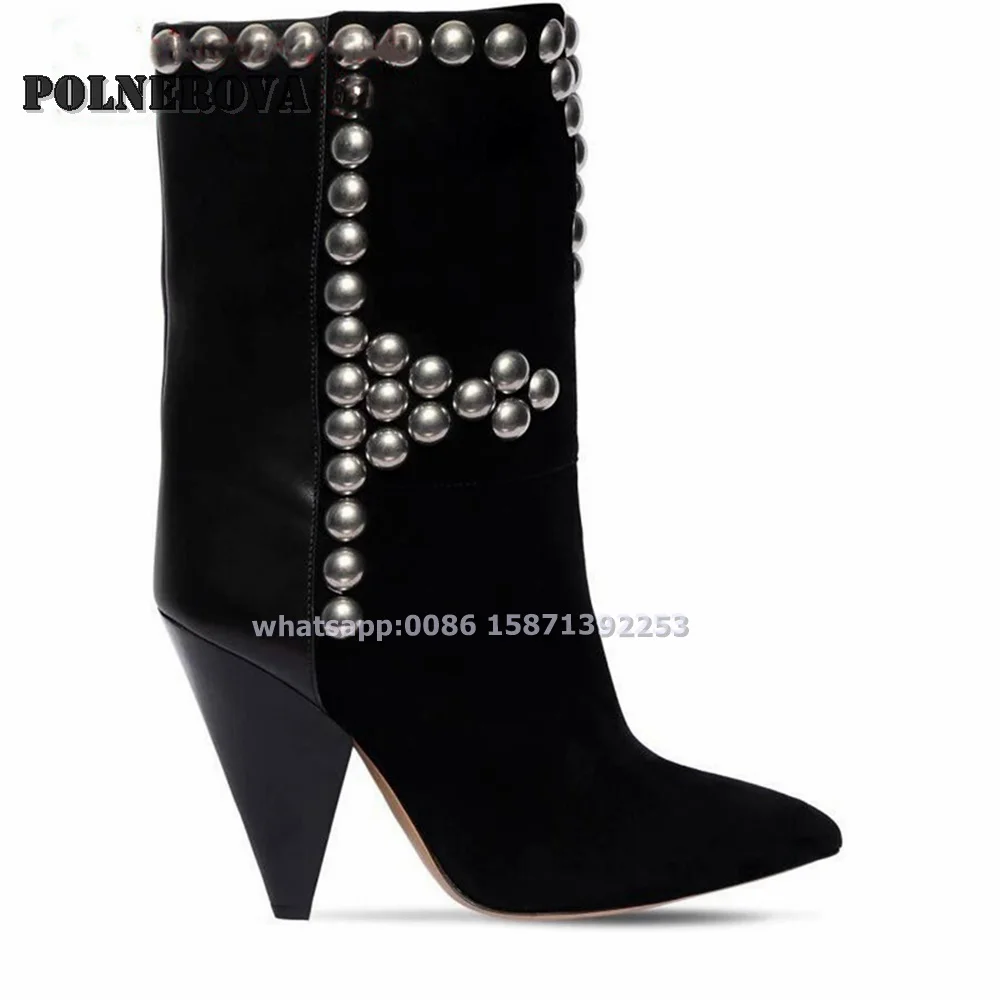 

Rivet Patchwork Black Slouch Boots Pointed Toe Height Increasing Solid Sexy Ankle Boots Plus Size Street Style Shoes Autumn 2024