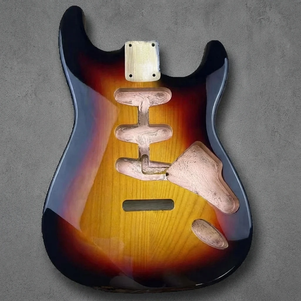 Pre-Routed Sunburst ST Guitar Body, Black Binding, Gloss Finish, Standard Neck Pocket, Blank DIY Part for Custom Building
