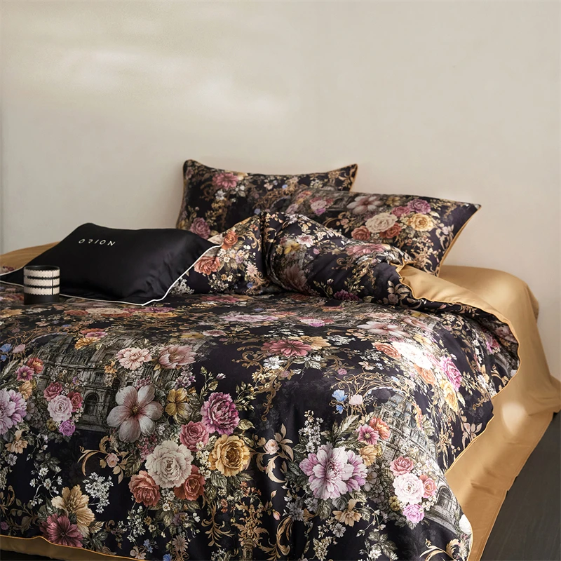 1000TC Egyptian Cotton Vintage Watercolor Floral Print Luxury Bedding Set Duvet Cover Bed Sheet/Fitted Sheet  Pillowcases 3/4Pcs