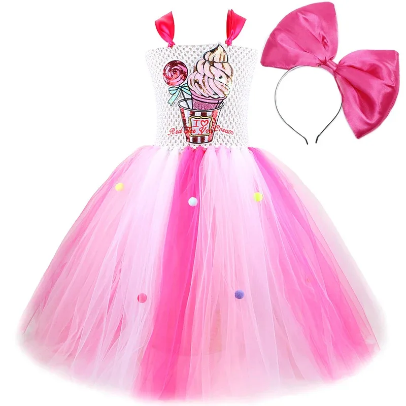 

Sparkly Ice Cream Long Tutu Dress for Girls Christmas Halloween Costumes Kids Candy Birthday Outfits with Bow Princess Ball Gown