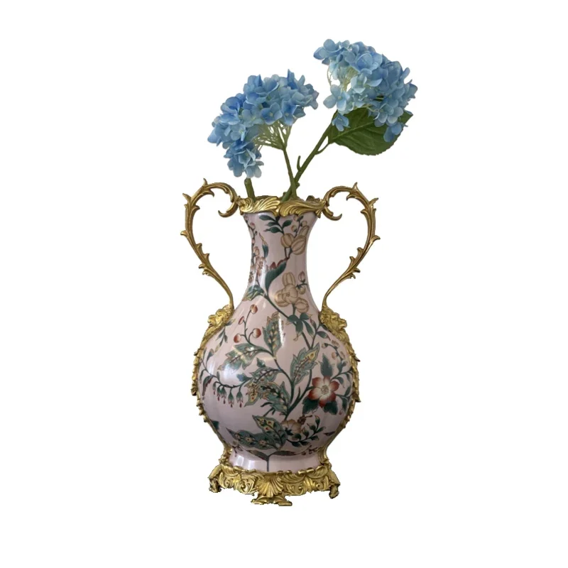 Brass vase hand-painted classical design painting customized mansion vase luxury room vase flower pot white enameled