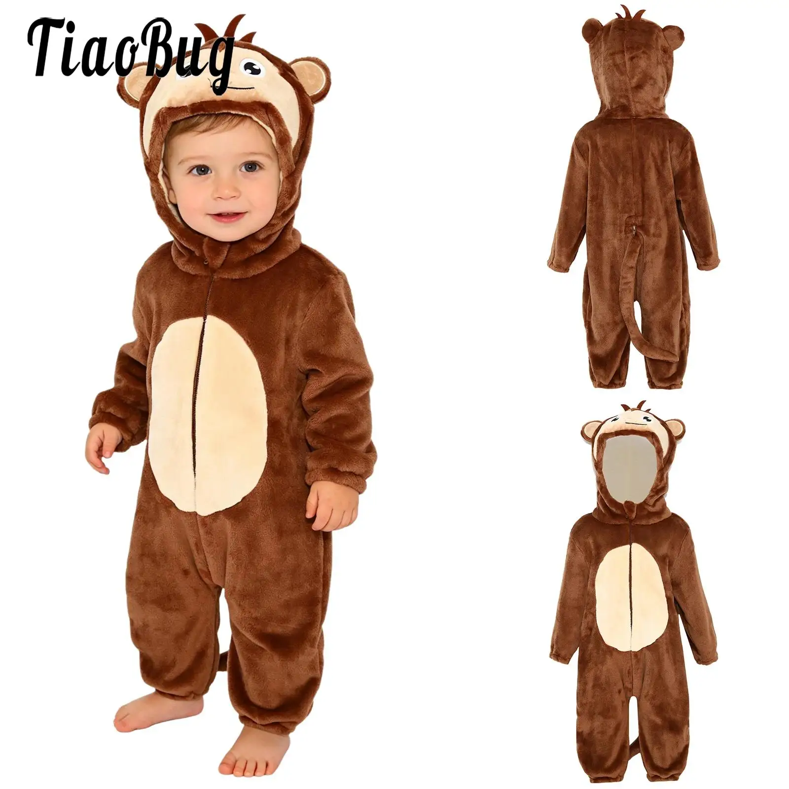 

Toddler Boys Girls Animal Outfit Long Sleeve Zip-Up Cartoon Animal Hooded 3D Tail Jumpsuit for Home Theme Party Cosplay Costumes