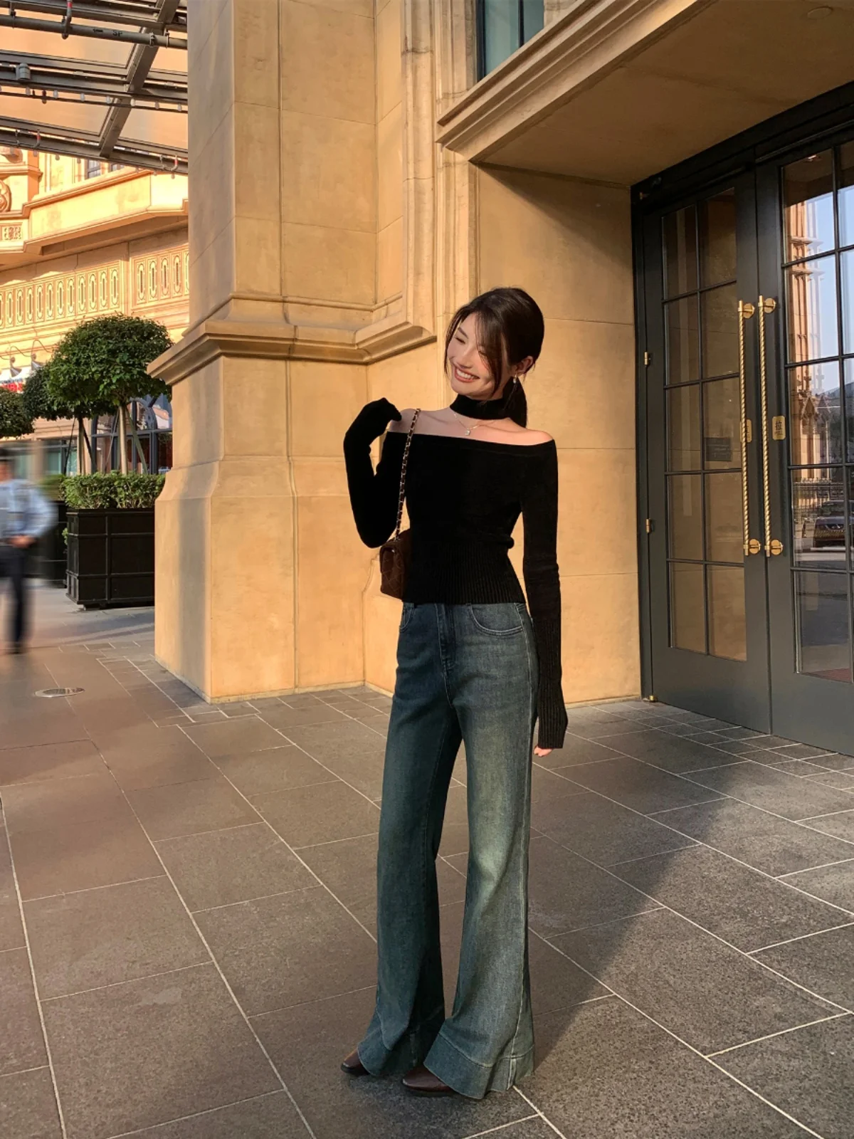 

Pusumede High Waist Bell Bottom Jeans Women's Winter New Slimming Long Trousers American Style Blue Denim Pants