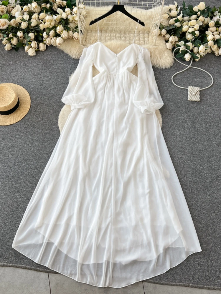 Beach Elegant White Long Dress for Women One Shoulder Strapless Long Sleeved High Waisted Slim Party Formal Maxi Evening Dresses