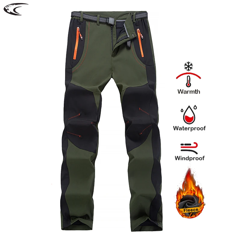 LNGXO Thick Warm Fleece Hiking Pants Men Winter Waterproof Windproof Outdoor Soft Shell Rain Trousers Trekking Camping Ski Pants