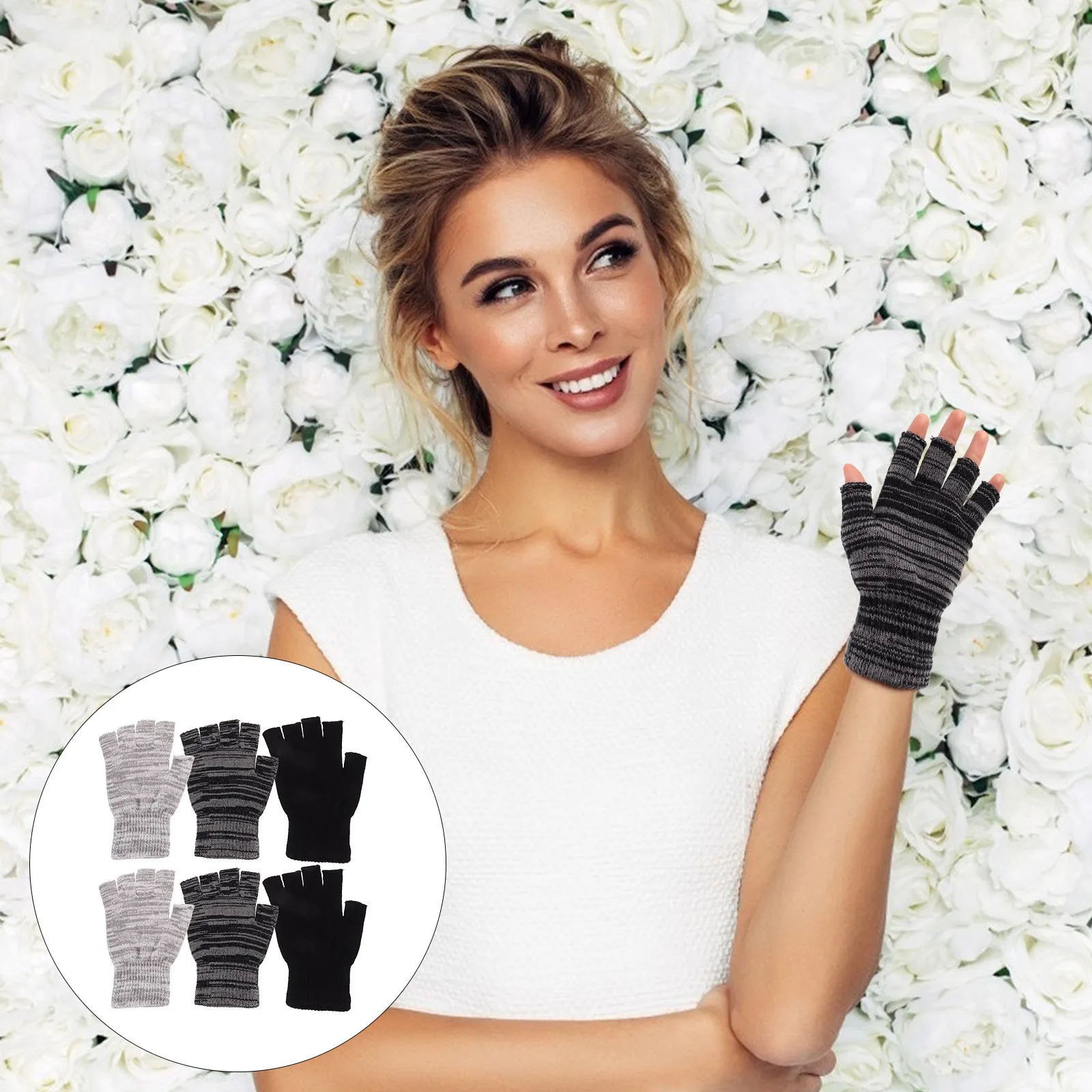 

3Pairs Ladies Knit Fingerless Gloves Winter Warm Stretchy Acrylic Half Finger Gloves for Smartphones Driving and Walking