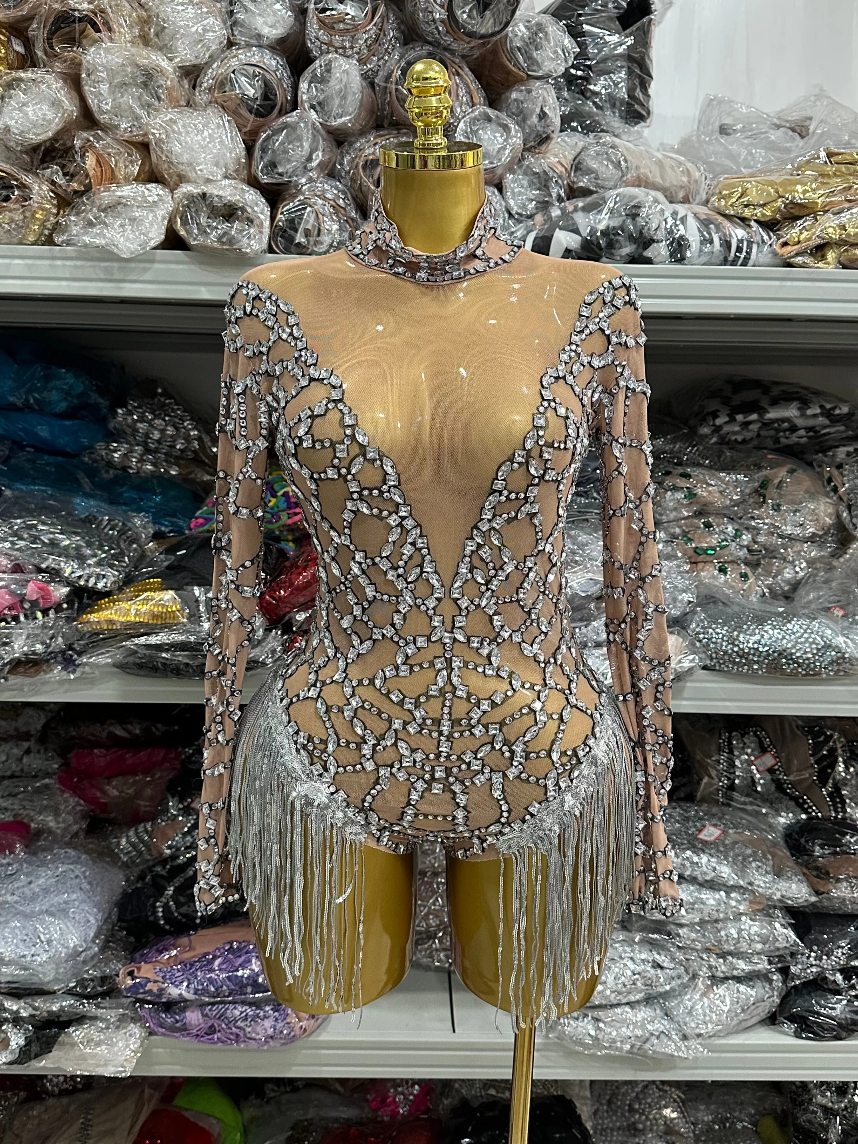 

Блестящие кристаллы, женские сексуальные сетчатые прозрачные облегающие боди с длинными рукавами, костюмы для выступлений в баре, сценическая одежда