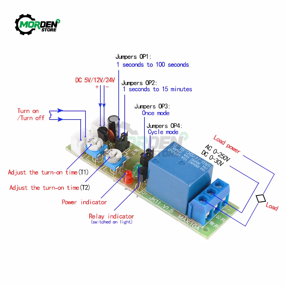 調整可能なサイクルタイマー遅延スイッチ、リレーシールド、遅延リレーモジュール、電源、jk11、dc 5v、12v、24v、0-15分、0-60分