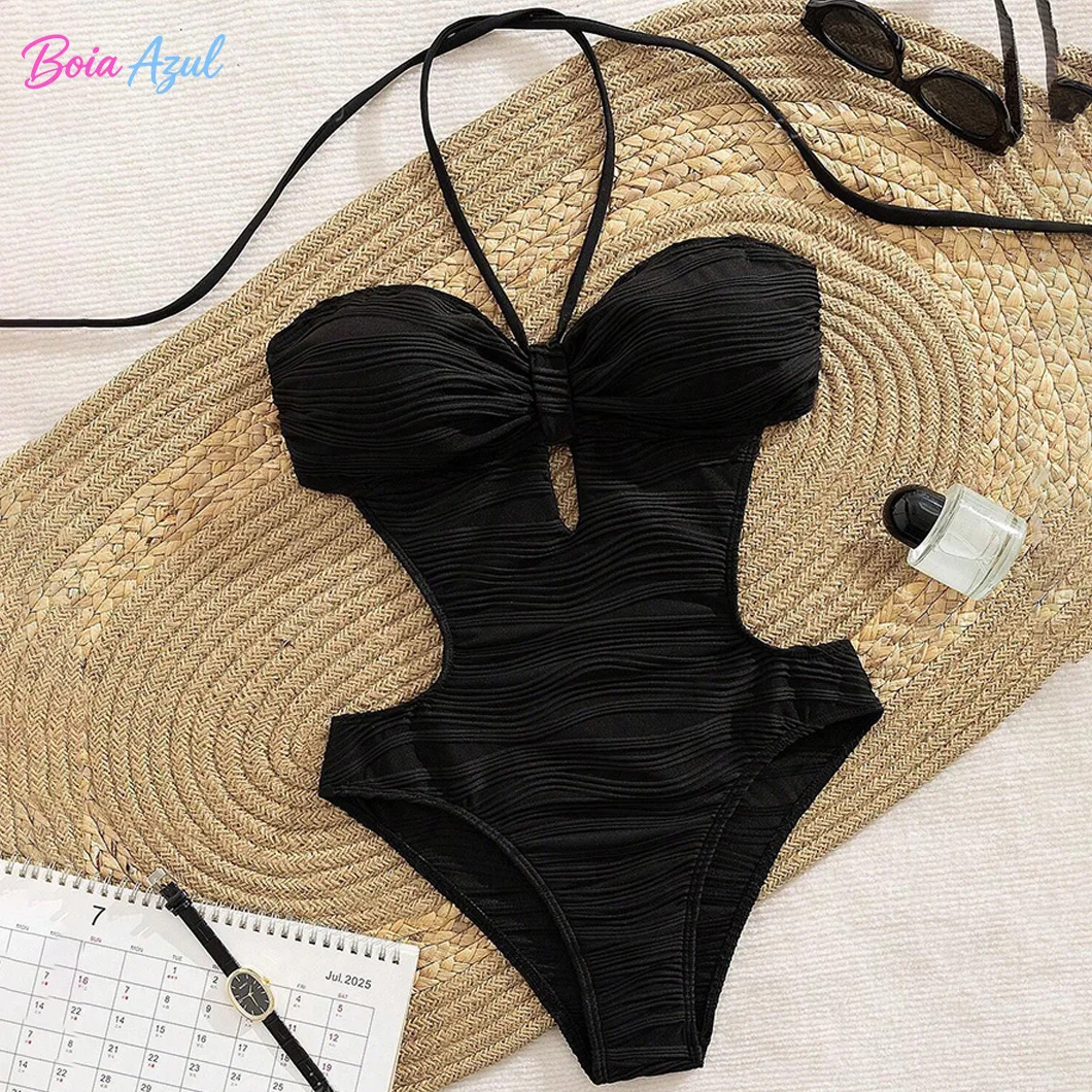 Black texture hollowed-out bikini set swimwear neck-wraping one-piece swimwear backless beach sexy swimwear