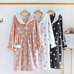 New autumn and winter women's nightdress flannel velvet thickened long sleeved large size love long skirt pajamas home clothes