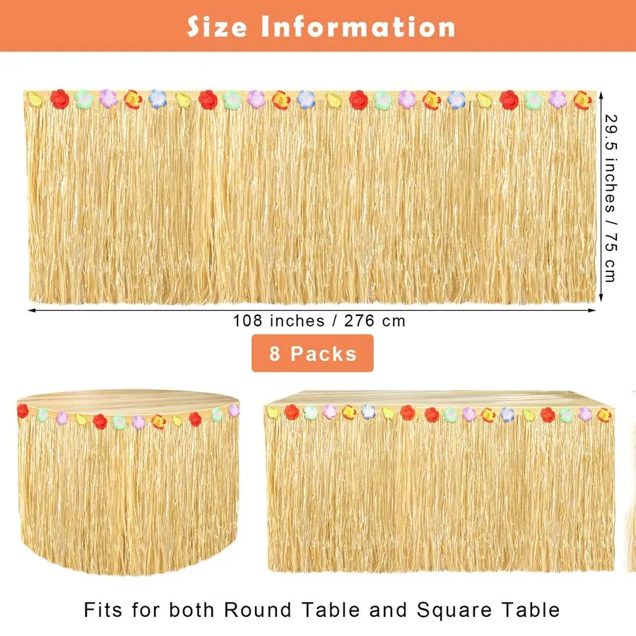 

8 Pack Luau Grass Table Skirt Natural 9 Feet x 29.5 Inch Hawaiian Table Skirt for Tropical Hawaiian Party Decorations Luau Costu