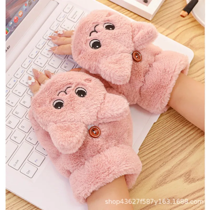 Plush Cat Half Finger Gloves Autumn Winter Women Girls Thick Warm Flip Fingerless Gloves Cartoon Soft Casual Gloves Lovely Gifts