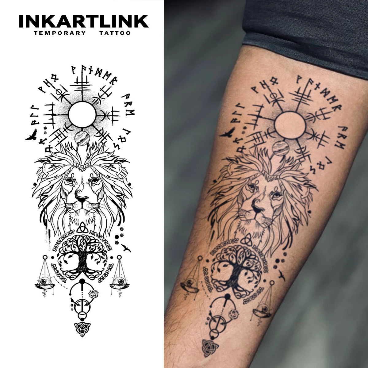Lion And Balance Temporary Tattoo,Lasts To 15 Days New Technology Magic Waterproof Semi Permanent Sticker,For Men's  Parties.