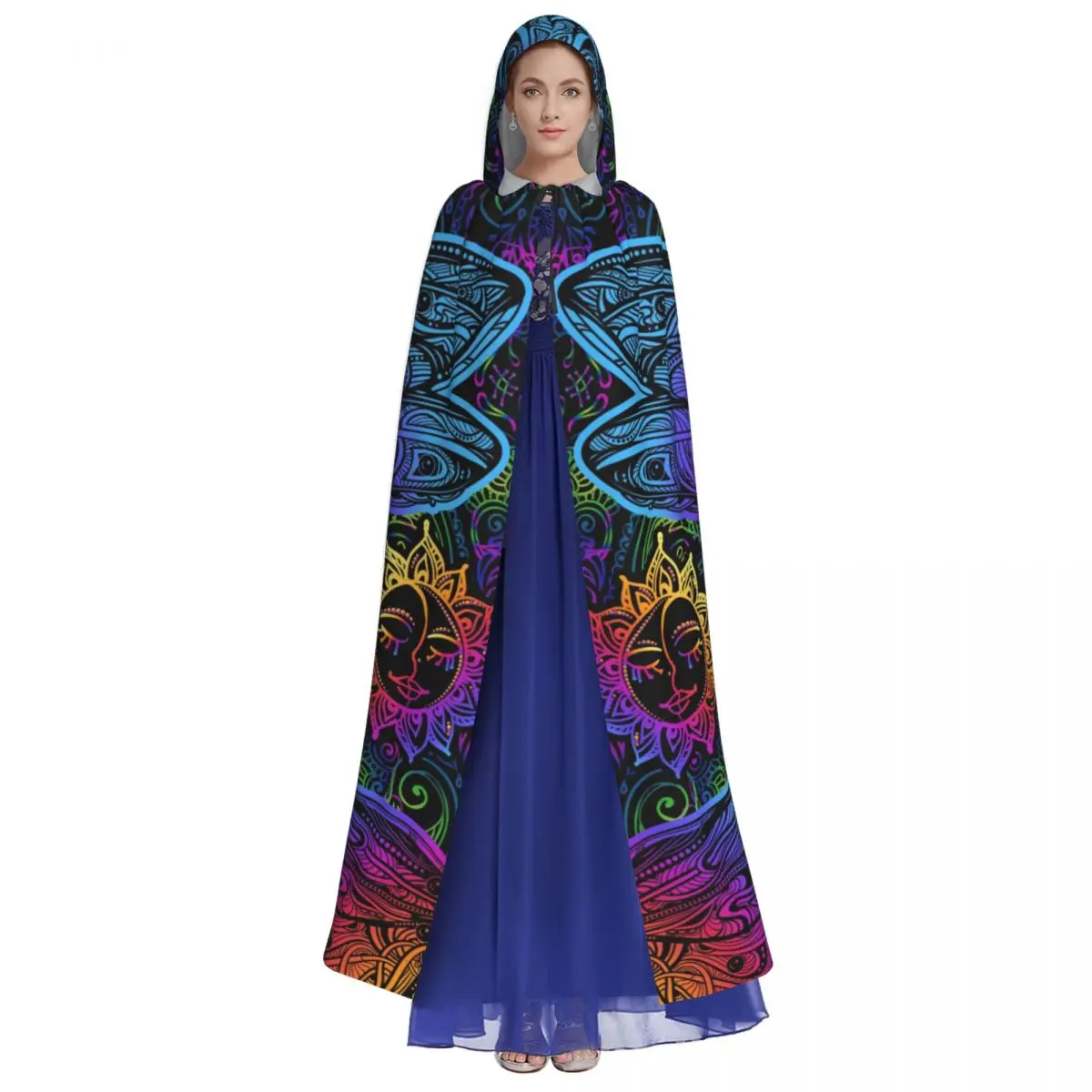 Unisex Witch Party Reversible Hooded Adult Vampires Cape Cloak Indian Mandalas Paisley Dragonfly Sun Pattern