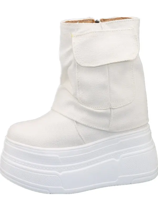 

Fashion Women's High-heeled Stack Boots 12cm Lift Cozy Tube Style, Unique Pocket Detail, Canvas & Rubber Sole, Stand Out Look